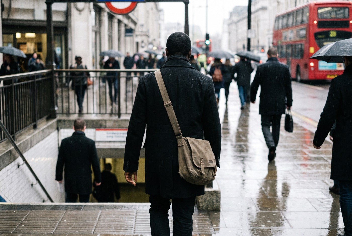 A commuter leaving a London station on a wet morning