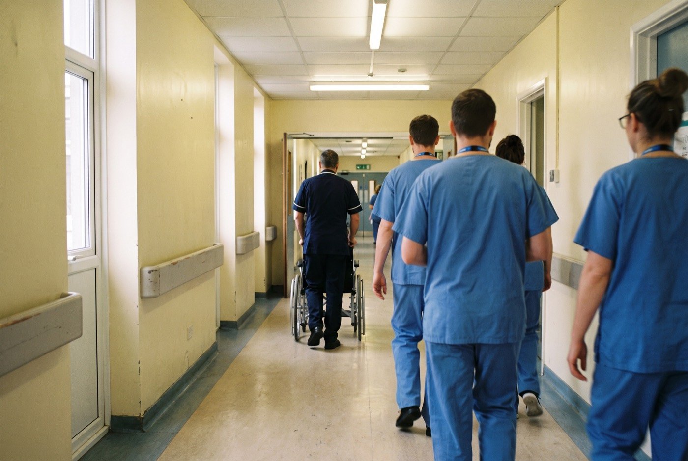 Staff walking along a hospital corridor